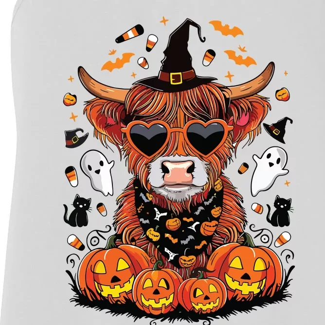 Halloween Highland Cow Farm Western Ghost Cow Witchy Pumpkin Women's Racerback Tank