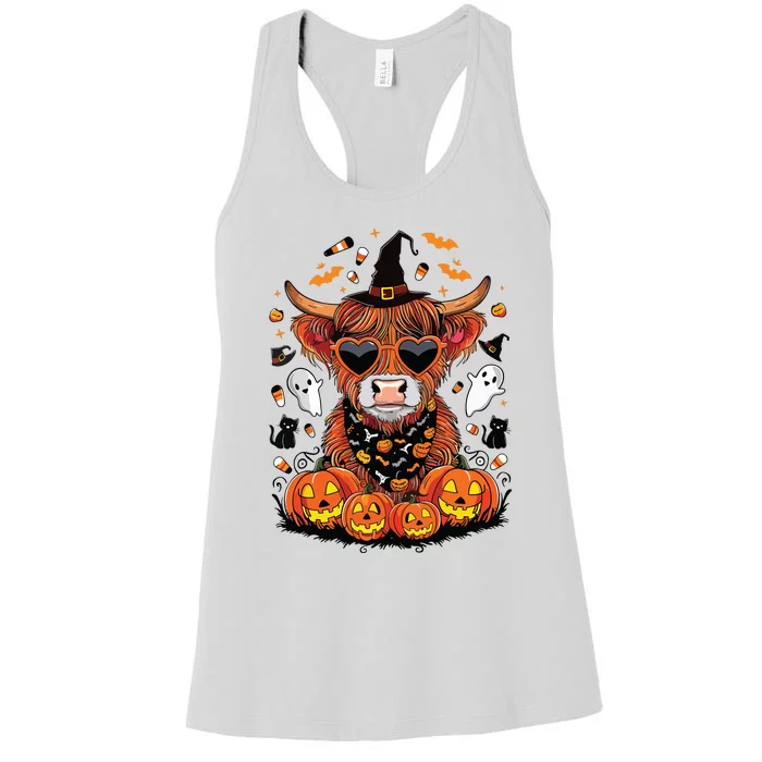 Halloween Highland Cow Farm Western Ghost Cow Witchy Pumpkin Women's Racerback Tank