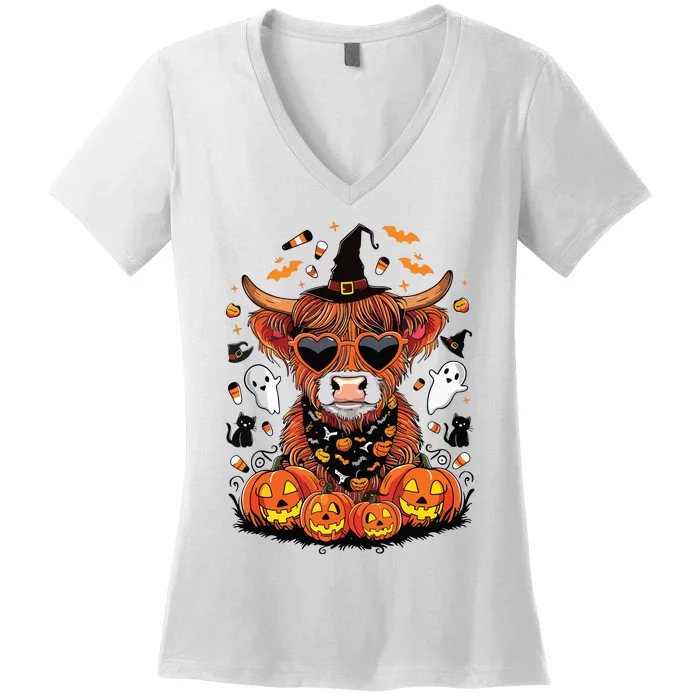 Halloween Highland Cow Farm Western Ghost Cow Witchy Pumpkin Women's V-Neck T-Shirt