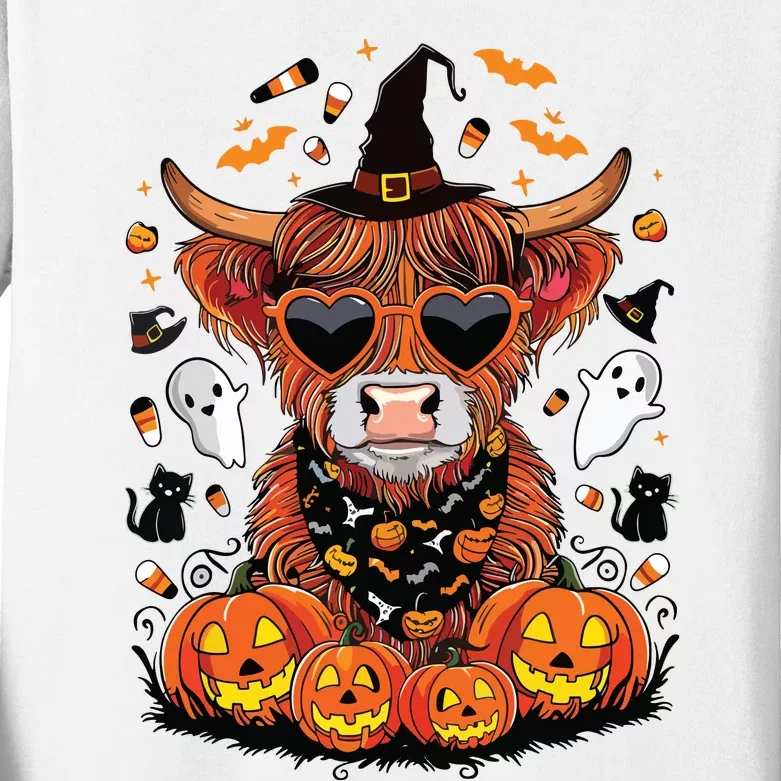 Halloween Highland Cow Farm Western Ghost Cow Witchy Pumpkin Kids Long Sleeve Shirt