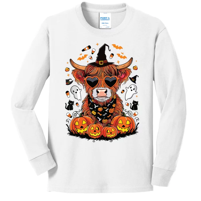 Halloween Highland Cow Farm Western Ghost Cow Witchy Pumpkin Kids Long Sleeve Shirt