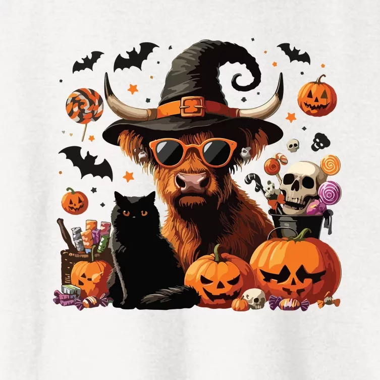 Halloween Highland Cow Witchy Cow Spooky Pumpkin Hello Cat Women's Crop Top Tee