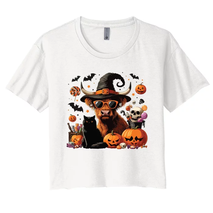 Halloween Highland Cow Witchy Cow Spooky Pumpkin Hello Cat Women's Crop Top Tee