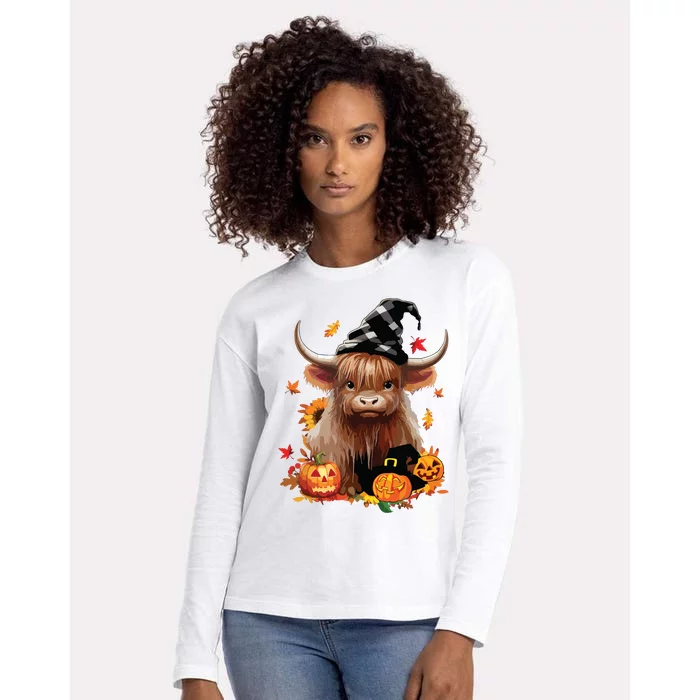 Halloween Highland Cow Witchy Cow Spooky Pumpkin Hello Fall Womens Cotton Relaxed Long Sleeve T-Shirt