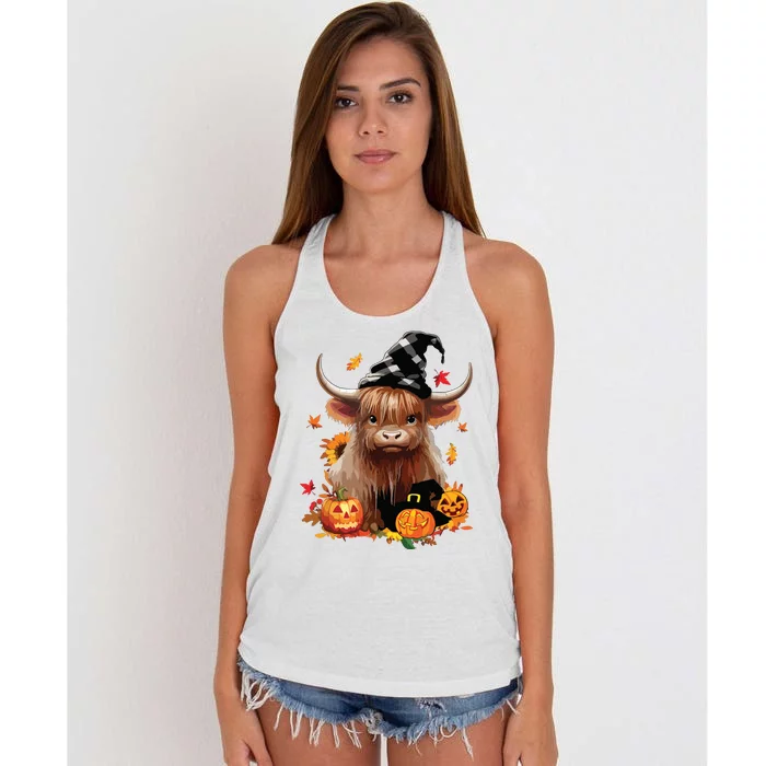 Halloween Highland Cow Witchy Cow Spooky Pumpkin Hello Fall Women's Knotted Racerback Tank