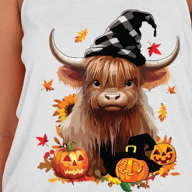 Halloween Highland Cow Witchy Cow Spooky Pumpkin Hello Fall Women's Knotted Racerback Tank