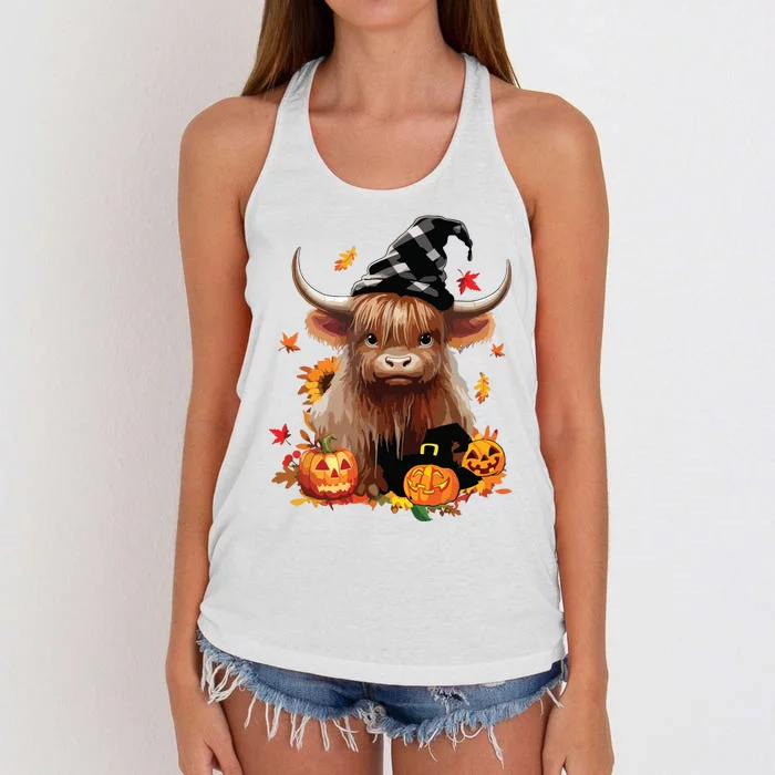 Halloween Highland Cow Witchy Cow Spooky Pumpkin Hello Fall Women's Knotted Racerback Tank