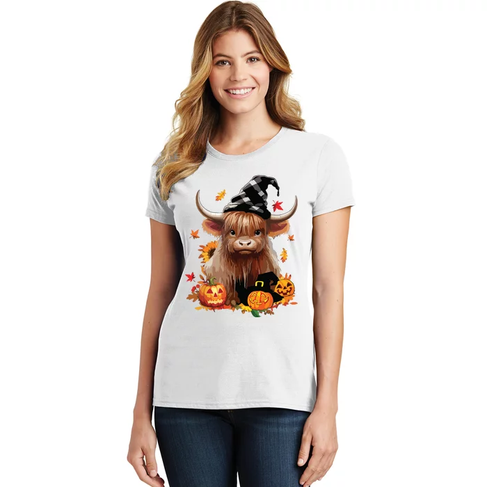 Halloween Highland Cow Witchy Cow Spooky Pumpkin Hello Fall Women's T-Shirt