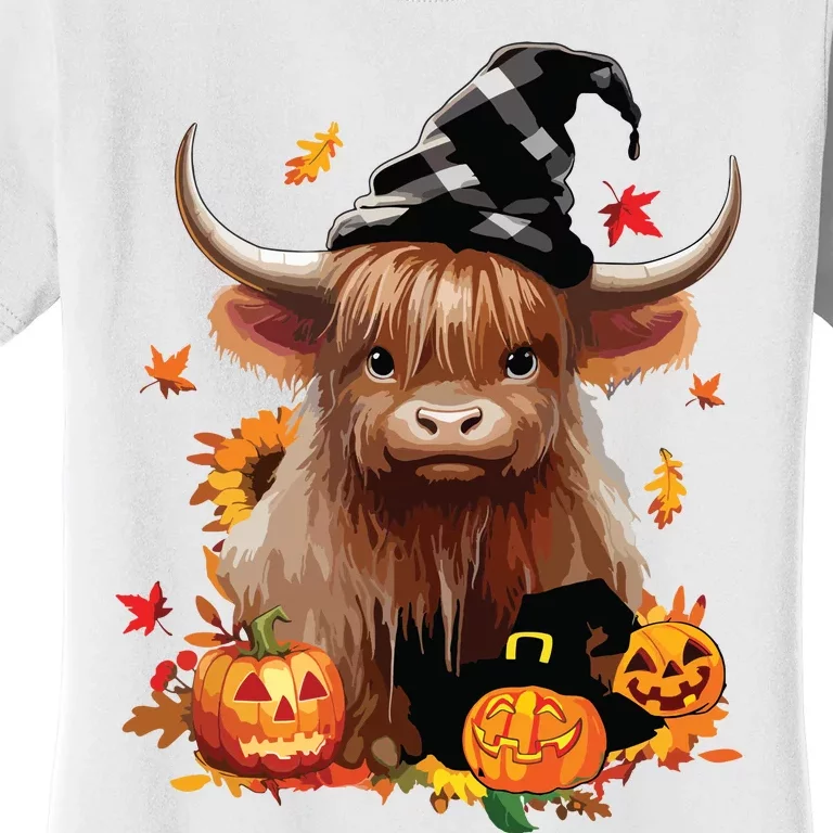 Halloween Highland Cow Witchy Cow Spooky Pumpkin Hello Fall Women's T-Shirt