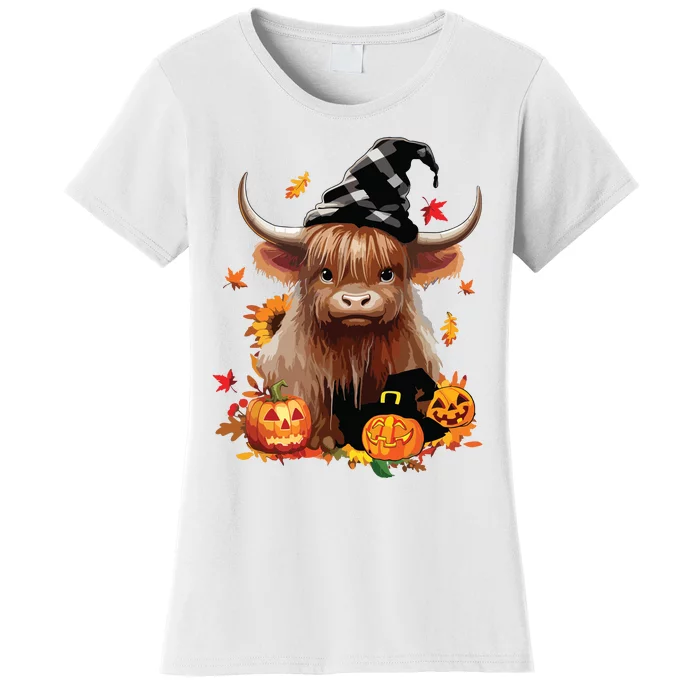 Halloween Highland Cow Witchy Cow Spooky Pumpkin Hello Fall Women's T-Shirt