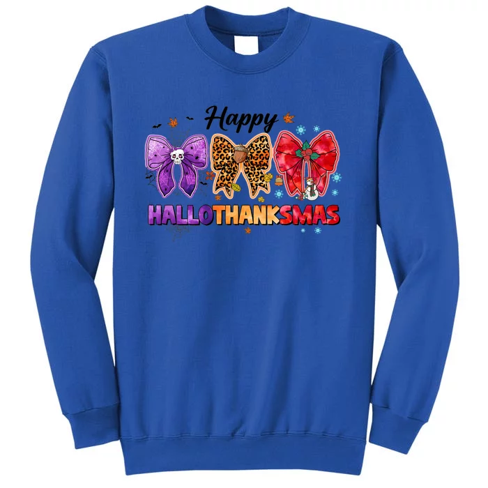 Happy Hallothanksmas Coquette Bow Halloween Thanksgiving Christmas Tall Sweatshirt