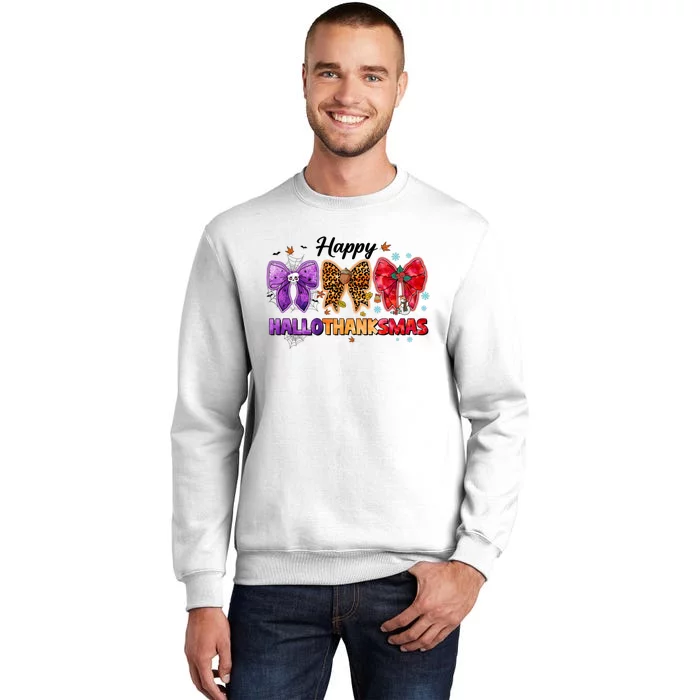 Happy Hallothanksmas Coquette Bow Halloween Thanksgiving Christmas Sweatshirt