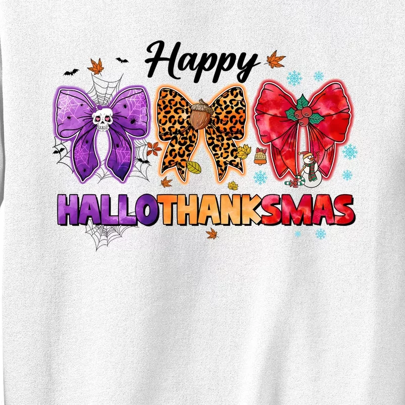 Happy Hallothanksmas Coquette Bow Halloween Thanksgiving Christmas Sweatshirt