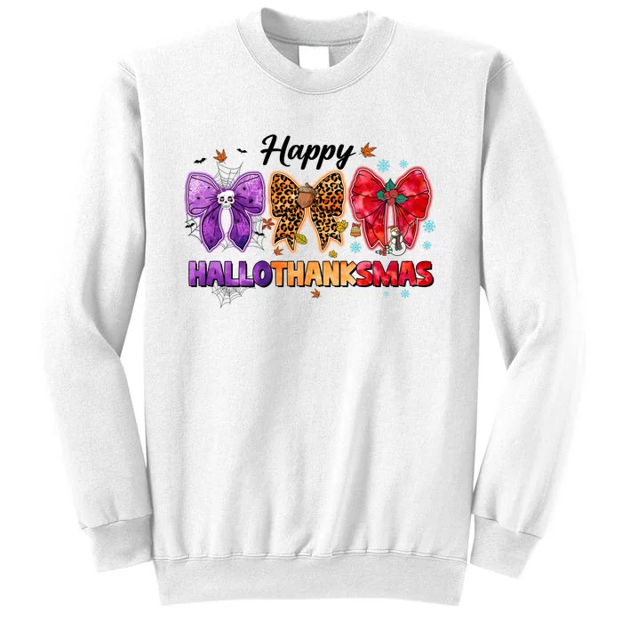 Happy Hallothanksmas Coquette Bow Halloween Thanksgiving Christmas Sweatshirt