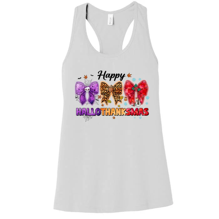 Happy Hallothanksmas Coquette Bow Halloween Thanksgiving Christmas Women's Racerback Tank