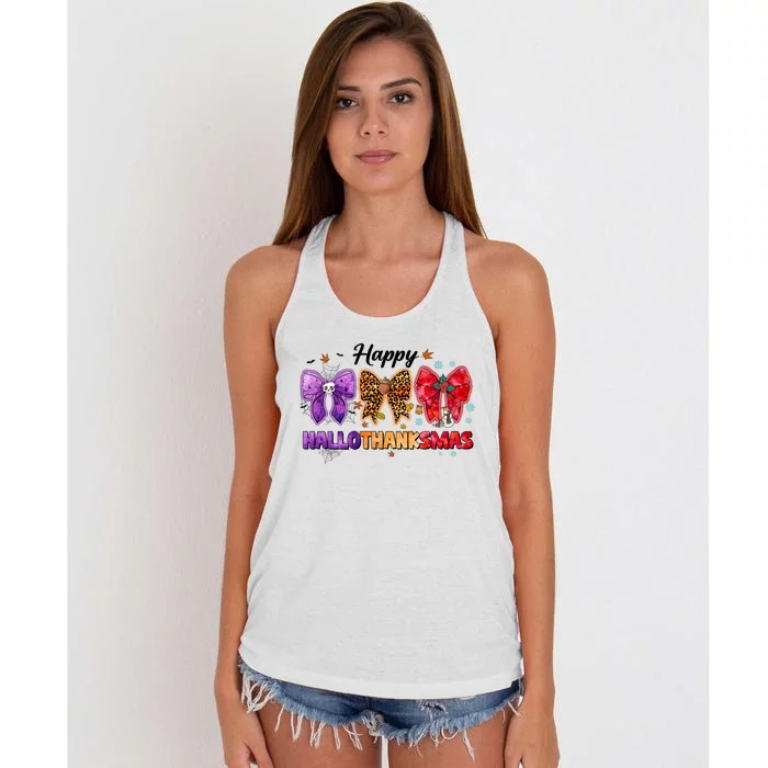 Happy Hallothanksmas Coquette Bow Halloween Thanksgiving Christmas Women's Knotted Racerback Tank