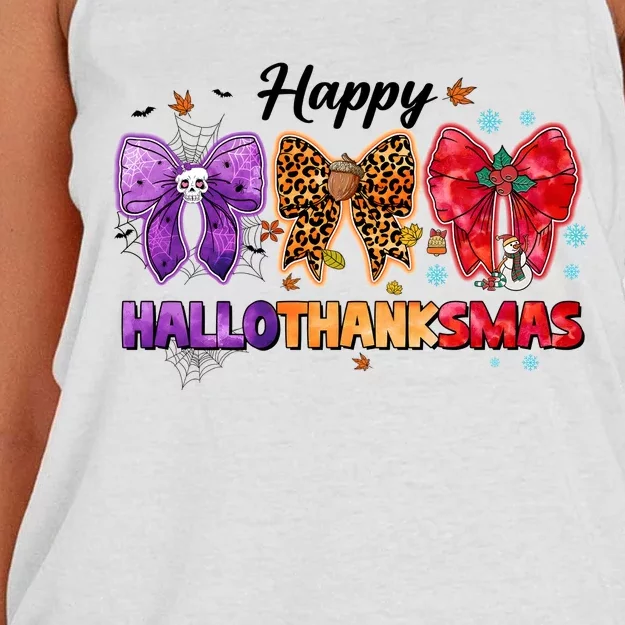 Happy Hallothanksmas Coquette Bow Halloween Thanksgiving Christmas Women's Knotted Racerback Tank