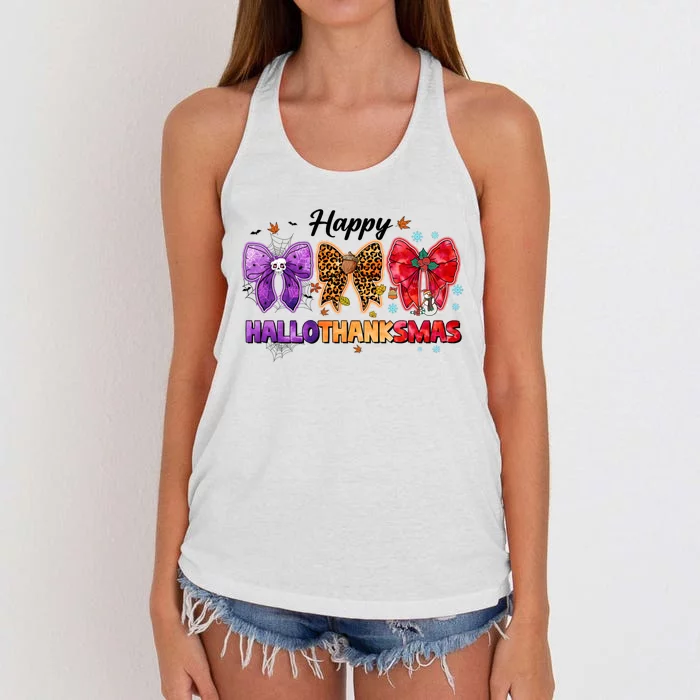 Happy Hallothanksmas Coquette Bow Halloween Thanksgiving Christmas Women's Knotted Racerback Tank