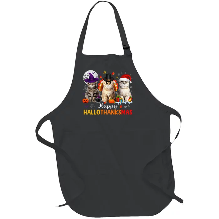 Happy Hallothanksmas Cats Halloween Thanksgiving Christmas Gift Full-Length Apron With Pocket