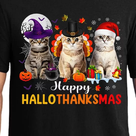 Happy Hallothanksmas Cats Halloween Thanksgiving Christmas Gift Pajama Set