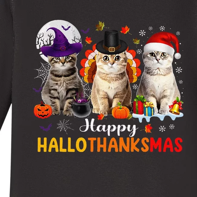 Happy Hallothanksmas Cats Halloween Thanksgiving Christmas Gift Baby Long Sleeve Bodysuit