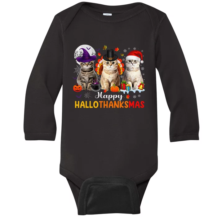 Happy Hallothanksmas Cats Halloween Thanksgiving Christmas Gift Baby Long Sleeve Bodysuit