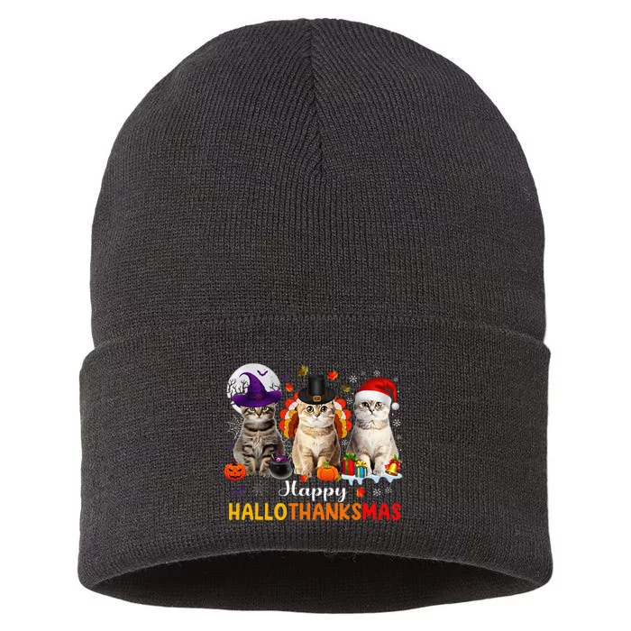 Happy Hallothanksmas Cats Halloween Thanksgiving Christmas Gift Sustainable Knit Beanie