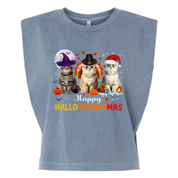 Happy Hallothanksmas Cats Halloween Thanksgiving Christmas Gift Garment-Dyed Women's Muscle Tee