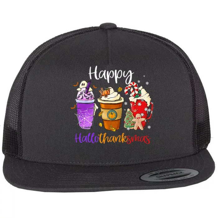 Happy Hallothanksmas Coffee Latte Halloween Thanksgiving Flat Bill Trucker Hat