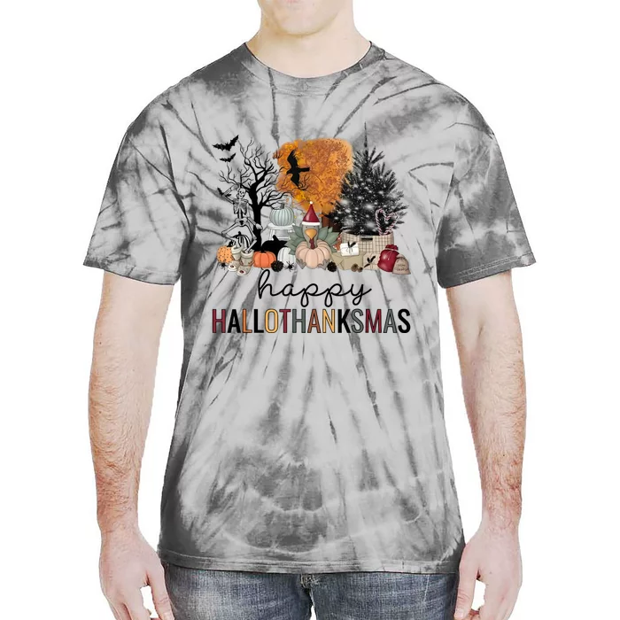 Happy Hallothanksmas Coffee Halloween Thanksgiving Christmas Tie-Dye T-Shirt