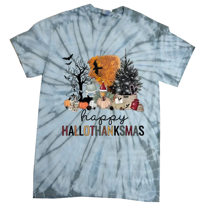 Happy Hallothanksmas Coffee Halloween Thanksgiving Christmas Tie-Dye T-Shirt