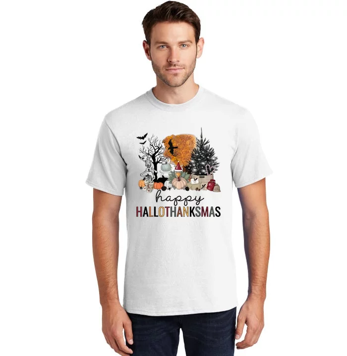 Happy Hallothanksmas Coffee Halloween Thanksgiving Christmas Tall T-Shirt