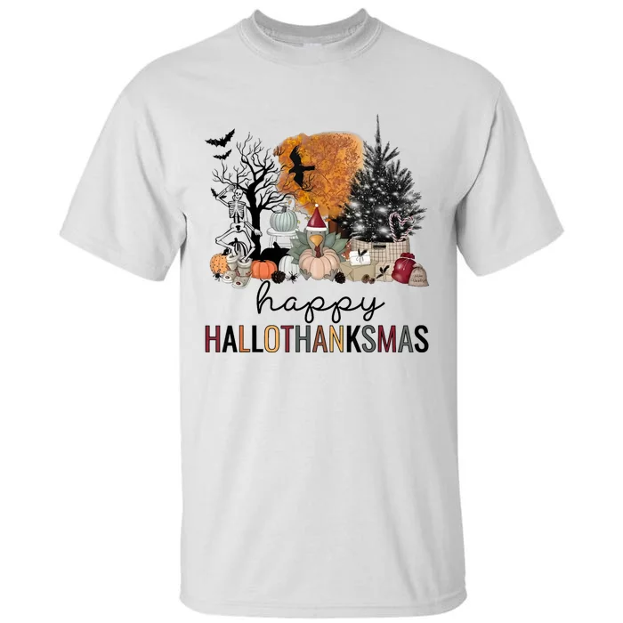 Happy Hallothanksmas Coffee Halloween Thanksgiving Christmas Tall T-Shirt