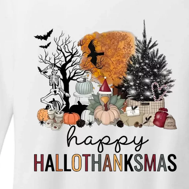 Happy Hallothanksmas Coffee Halloween Thanksgiving Christmas Womens CVC Long Sleeve Shirt