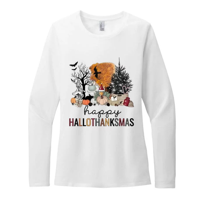 Happy Hallothanksmas Coffee Halloween Thanksgiving Christmas Womens CVC Long Sleeve Shirt