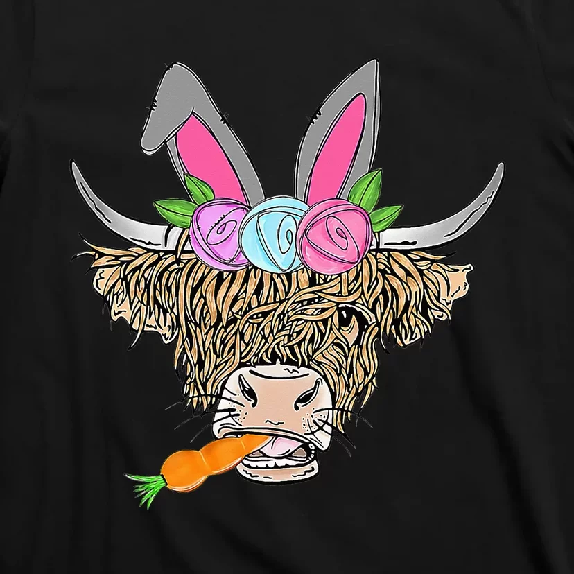 Heifer Highland Cow With Bunny Ears Carrot Egg Happy Easter T-Shirt