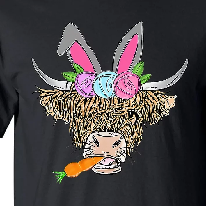 Heifer Highland Cow With Bunny Ears Carrot Egg Happy Easter Tall T-Shirt