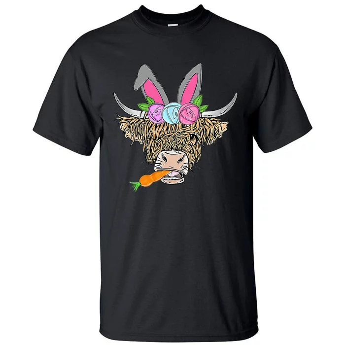 Heifer Highland Cow With Bunny Ears Carrot Egg Happy Easter Tall T-Shirt