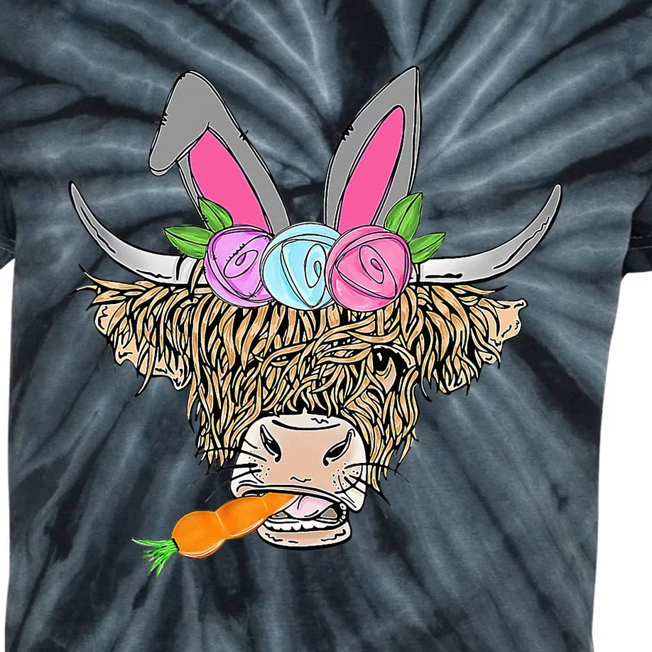 Heifer Highland Cow With Bunny Ears Carrot Egg Happy Easter Kids Tie-Dye T-Shirt