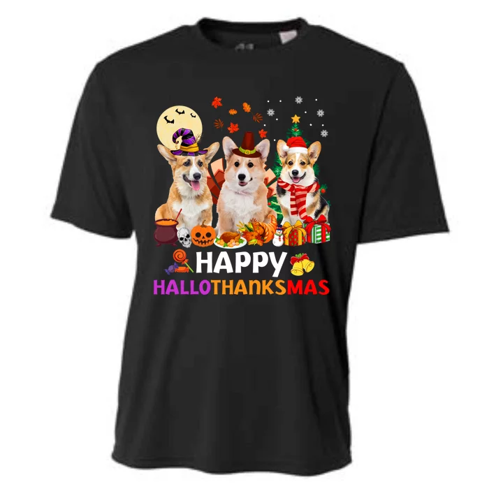 Happy Hallothanksmas Cute Corgi Dog Xmas Tree Gift Cooling Performance Crew T-Shirt