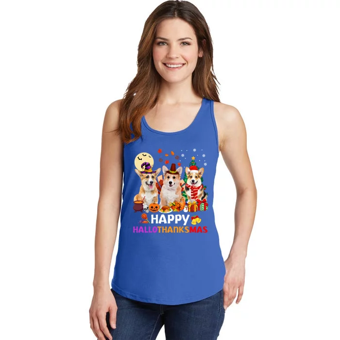 Happy Hallothanksmas Cute Corgi Dog Xmas Tree Gift Ladies Essential Tank