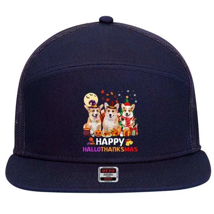 Happy Hallothanksmas Cute Corgi Dog Xmas Tree Gift 7 Panel Mesh Trucker Snapback Hat