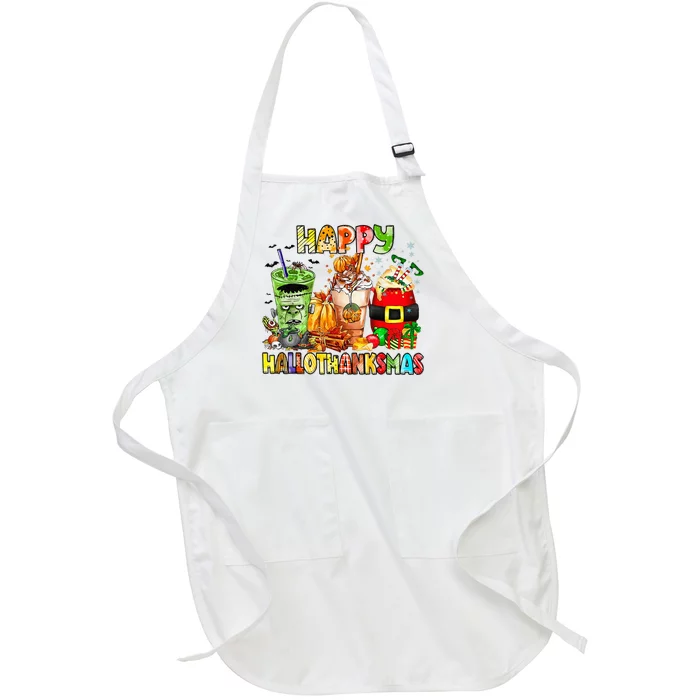 Happy Hallothanksmas Coffee Latte Halloween Thanksgiving Full-Length Apron With Pocket