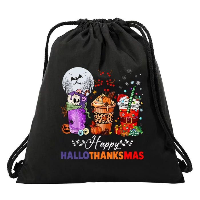 Happy Hallothanksmas Coffee Latte Halloween Thanksgiving Drawstring Bag