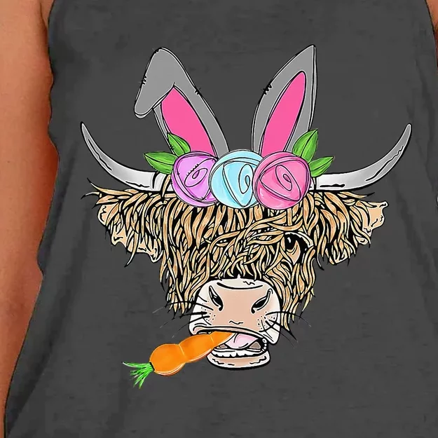 Heifer Highland Cow With Bunny Happy Easter Women's Knotted Racerback Tank