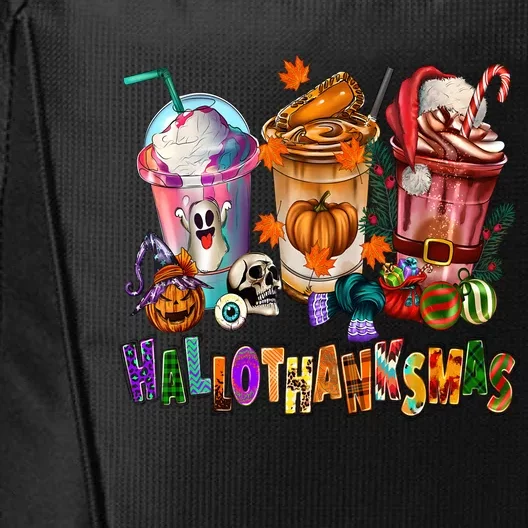 Happy Hallothanksmas Coffee Latte Halloween Thanksgiving City Backpack