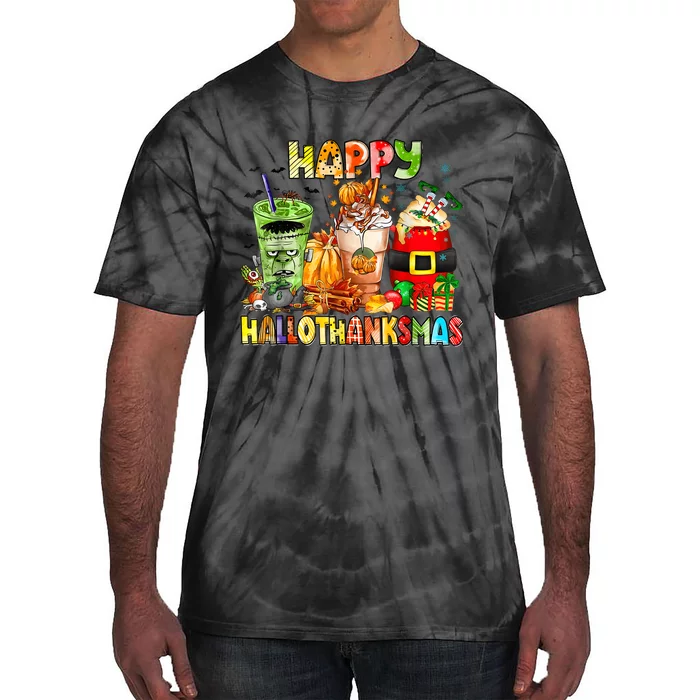 Happy Hallothanksmas Coffee Halloween Thanksgiving Christmas Tie-Dye T-Shirt