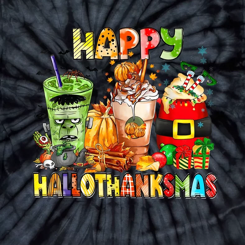 Happy Hallothanksmas Coffee Halloween Thanksgiving Christmas Tie-Dye T-Shirt