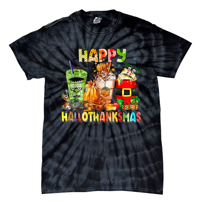 Happy Hallothanksmas Coffee Halloween Thanksgiving Christmas Tie-Dye T-Shirt