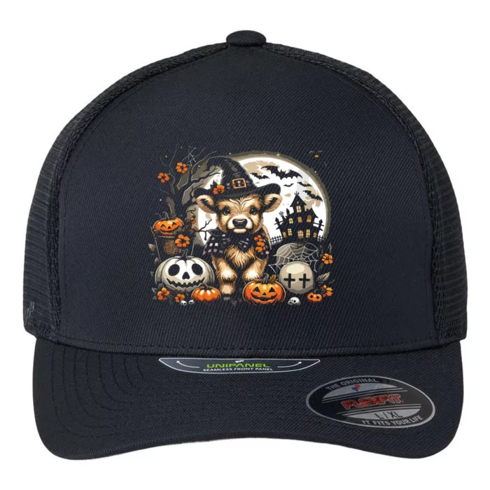 Halloween Highland Cow Print Witchy Cow Spooky Pumpkin Vneck Flexfit Unipanel Trucker Cap